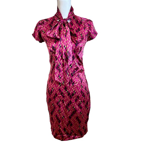 Diane von Furstenberg Pink Laurie Geometric Silk Neck Bow Tie Sheath Dress Sz 2 - Picture 13 of 13